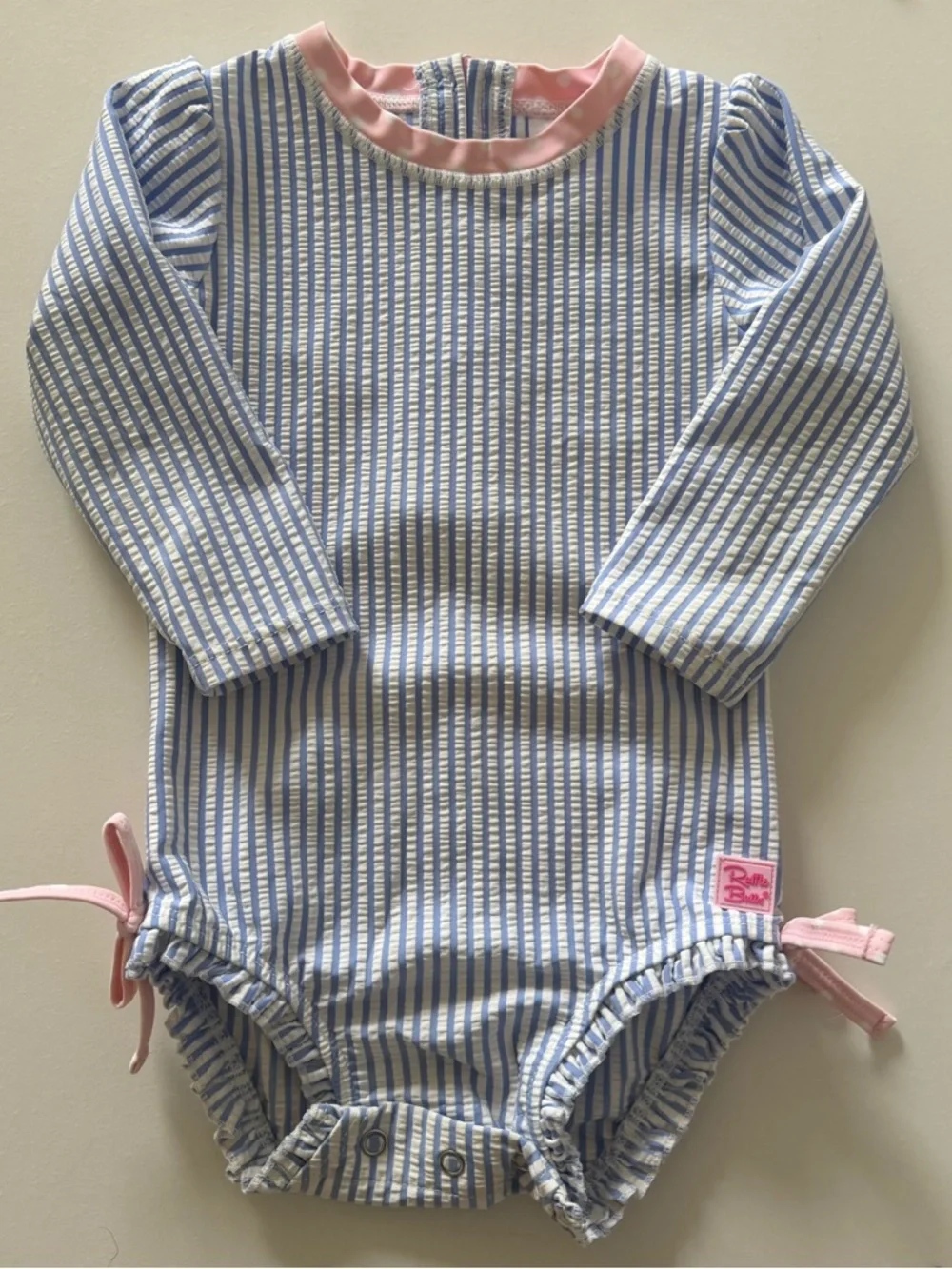 RuffleButts Baby Toddler Girl Blue Seersucker Long Sleeve One-Piece Swimsuit